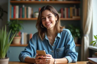 Femme souriante avec smartphone dans un appartement cosy