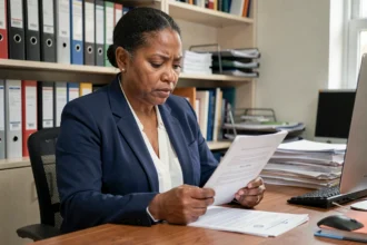 Femme lisant un document de naturalisation française à son bureau avec une expression concentrée