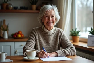 Femme souriante écrivant une carte de vœux d'hiver à la maison