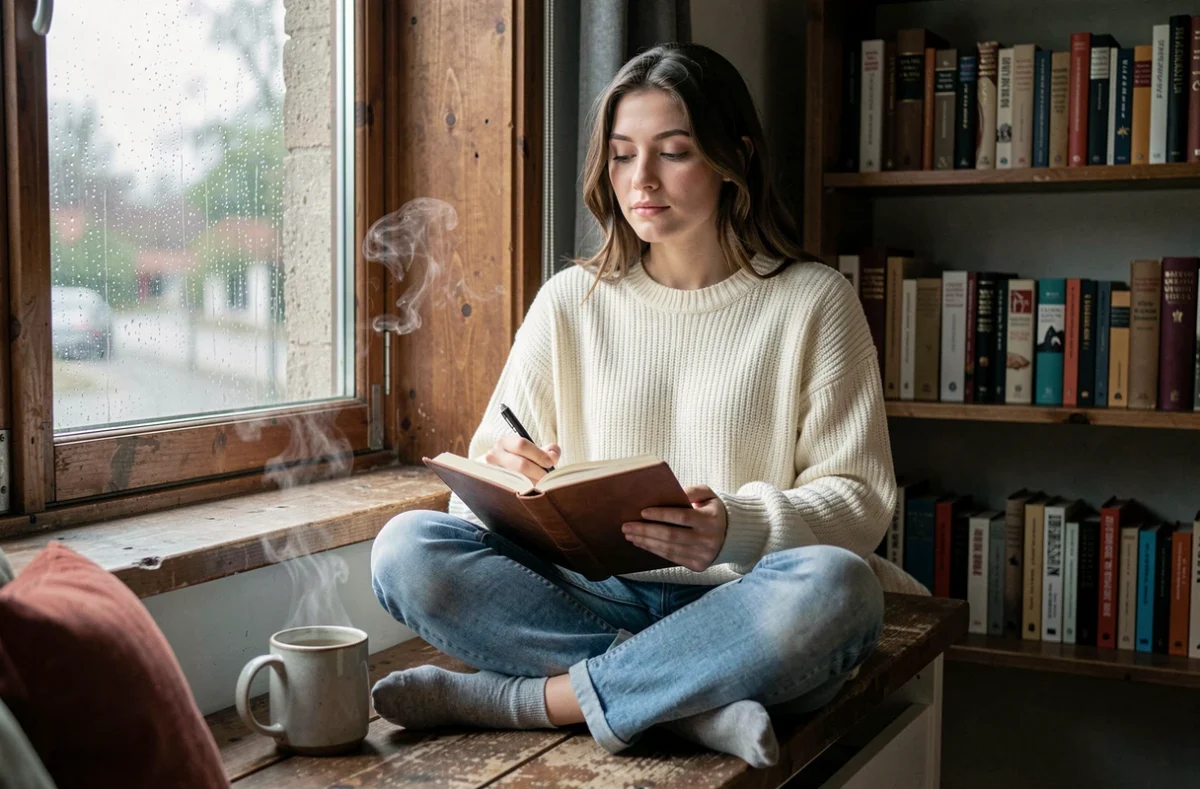 Jeune femme écrivant un poème d'amour dans un journal intime près d'une fenêtre pluvieuse, atmosphère douce et romantique