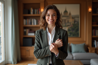 Femme élégante en blazer dans un appartement urbain