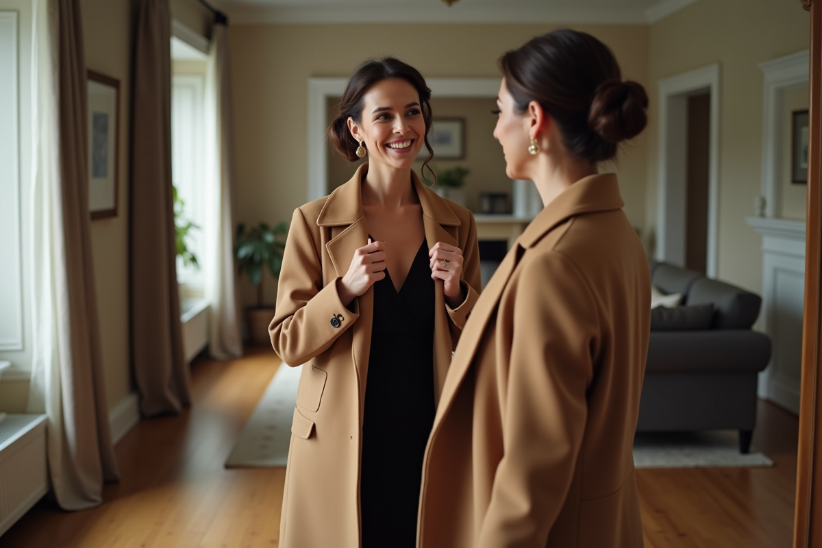 Femme élégante ajustant sa veste devant un miroir