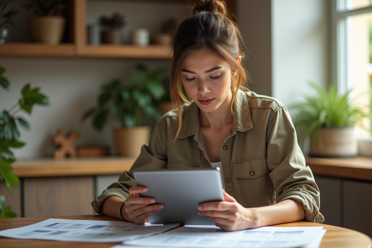 Femme étudiant un panneau solaire sur une tablette à la maison