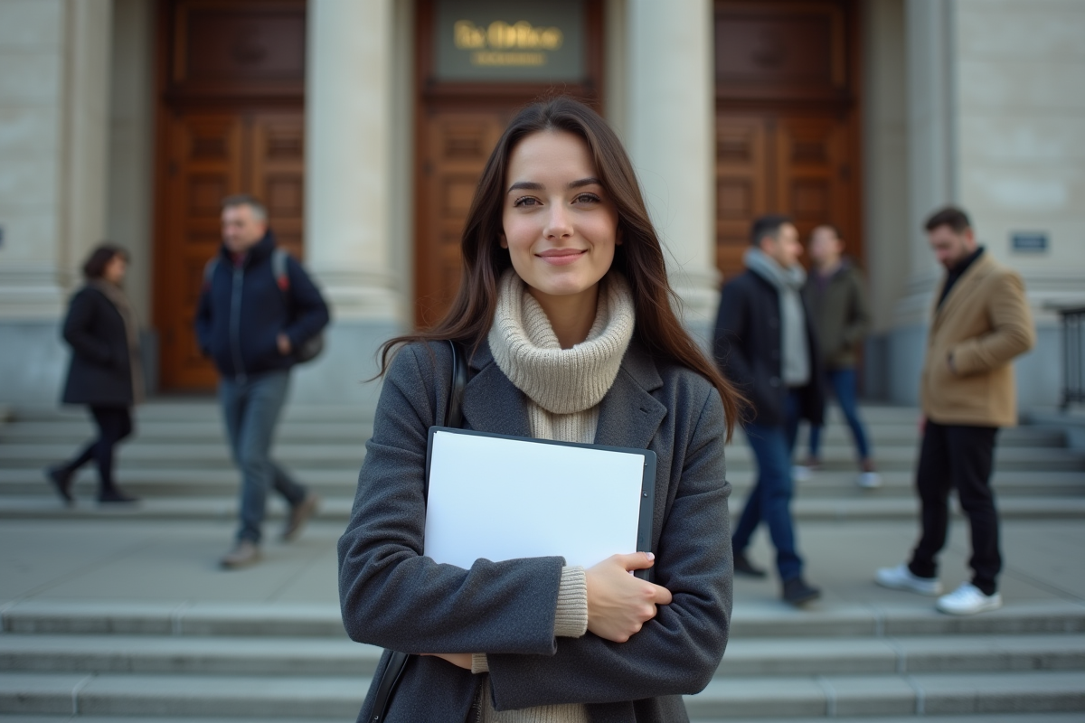 Jeune femme souriante devant un bâtiment administratif fiscal