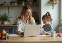 Travail et vie de famille : quel métier choisir ? Conciliation professionnelle et personnelle Femme souriante avec enfant dessin dans cuisine moderne
