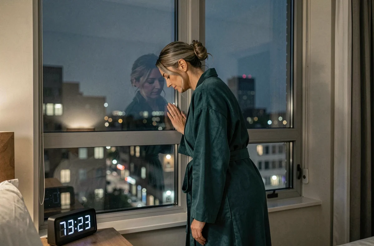 Femme en robe de chambre méditant devant une fenêtre nocturne avec le reflet d'une horloge affichant 23h23, symbole de lâcher-prise et d'interprétation spirituelle