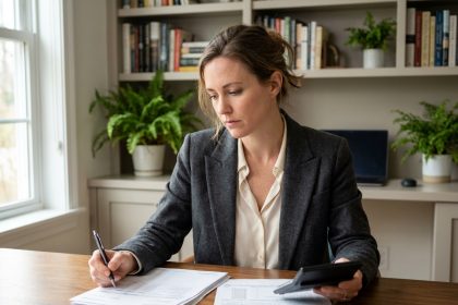 Femme analysant des données financières dans un bureau moderne