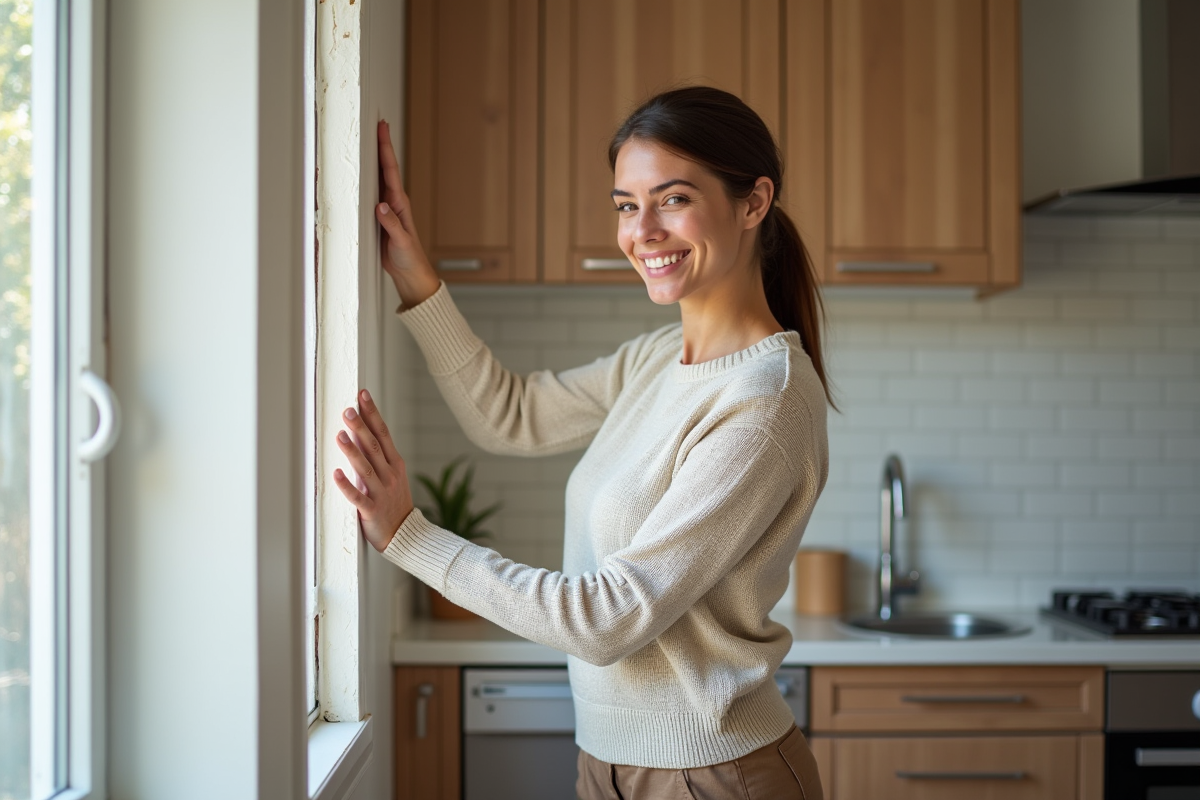 Jeune femme installant de la mousse isolante autour d