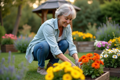 Femme plantant des perenes colorées dans son jardin