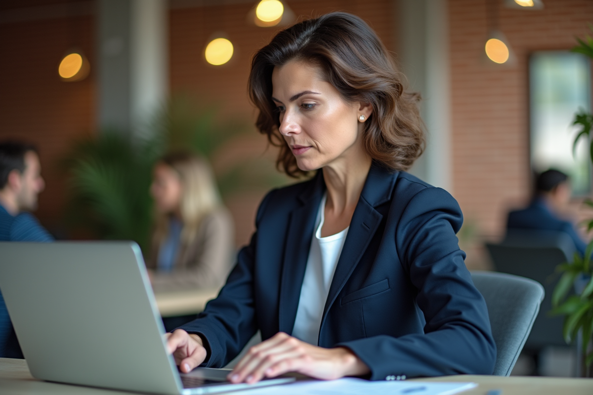 Femme en blazer bleu analysant une feuille de route numérique