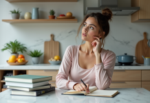 Femme en cuisine compare livres de régime et carnet