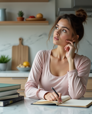 Femme en cuisine compare livres de régime et carnet