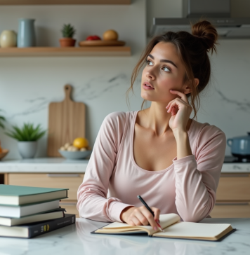 Perdre du poids : quel régime choisir pour une perte efficace ? Femme en cuisine compare livres de régime et carnet