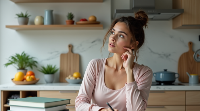 Femme en cuisine compare livres de régime et carnet