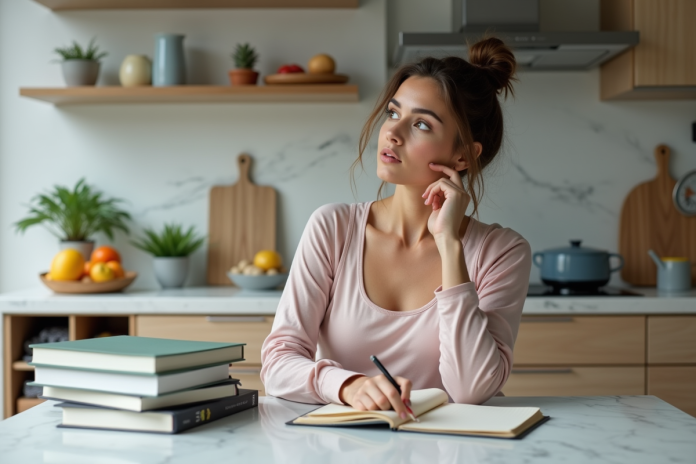 Femme en cuisine compare livres de régime et carnet