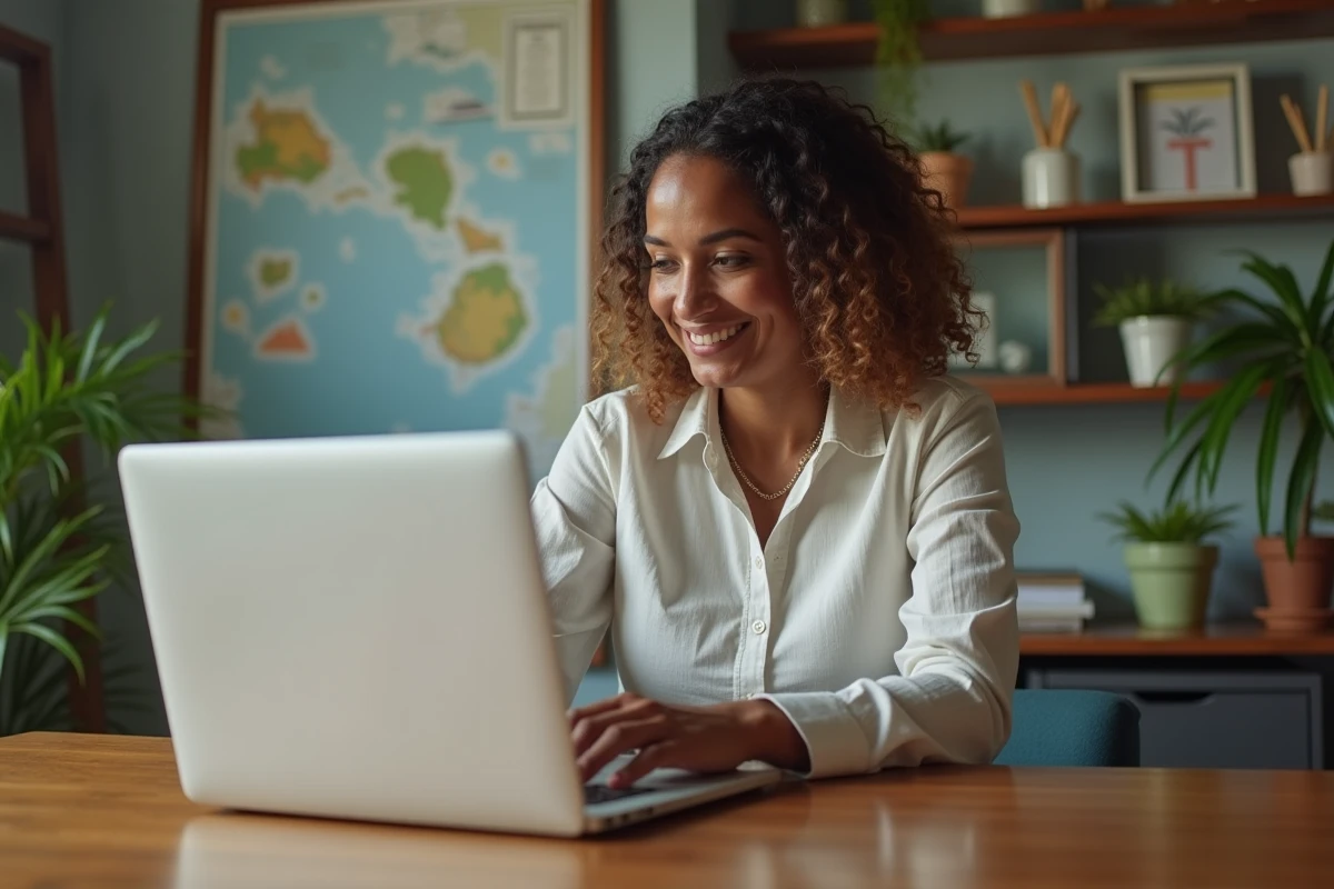 Femme mauricienne au bureau utilisant un ordinateur portable
