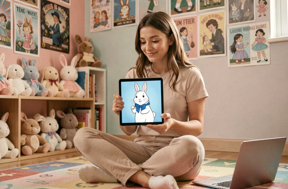 Jeune femme tenant une tablette affichant un mème du lapin blanc d'Alice au Pays des Merveilles dans une chambre décorée de fan art