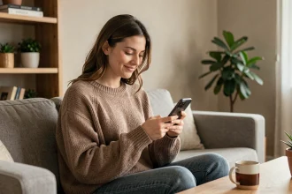 Femme jouant à Monopoly GO sur son smartphone dans un salon moderne et cosy
