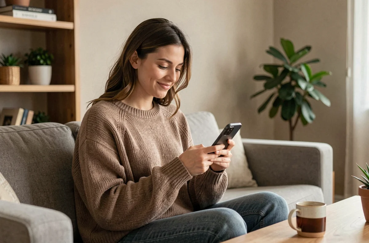 Femme jouant à Monopoly GO sur son smartphone dans un salon moderne et cosy