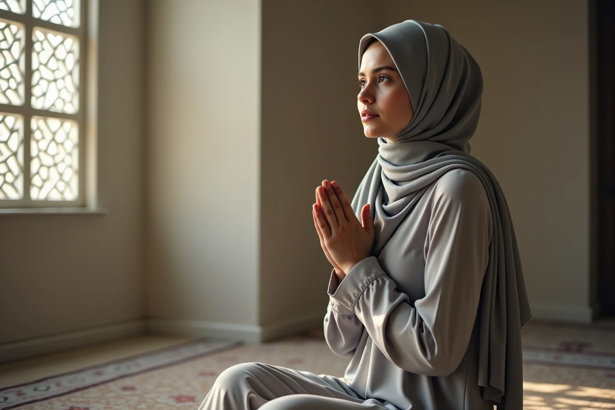 Jeune femme musulmane en prière avec hijab gris clair