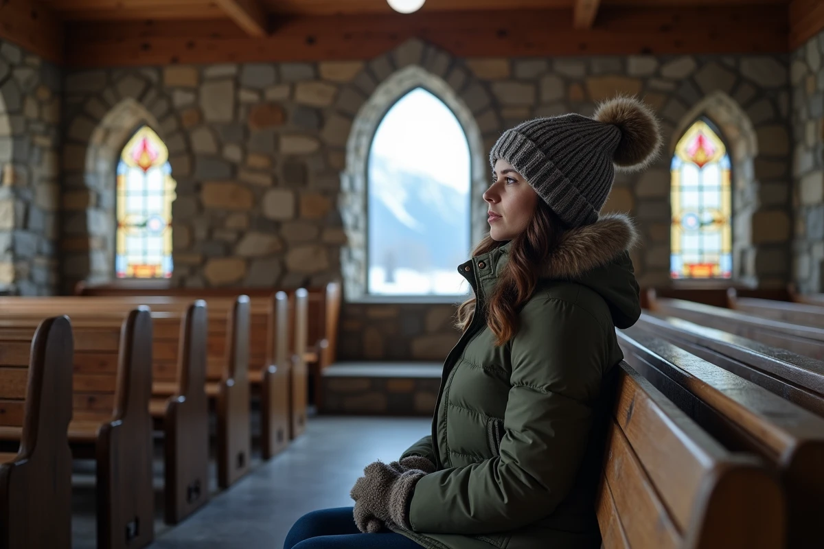 Jeune femme priant dans une chapelle de montagne