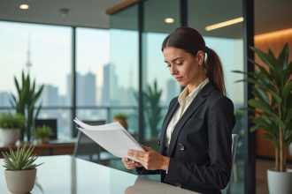 Femme d'affaires examinant des documents de prêt immobilier
