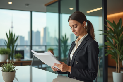 Femme d'affaires examinant des documents de prêt immobilier