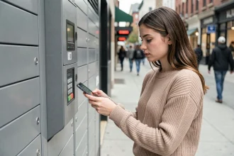 Jeune femme récupérant un colis Vinted dans une consigne automatique urbaine avec son smartphone