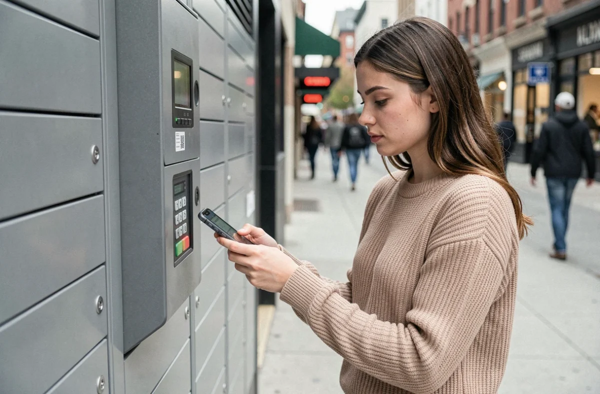Jeune femme récupérant un colis Vinted dans une consigne automatique urbaine avec son smartphone