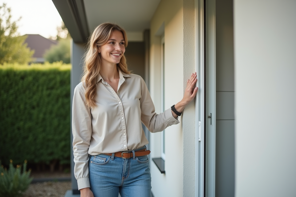 Jeune femme observant la façade rénovée de sa maison