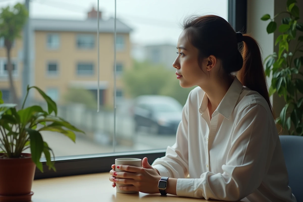 Jeune femme au café dans un espace de pause