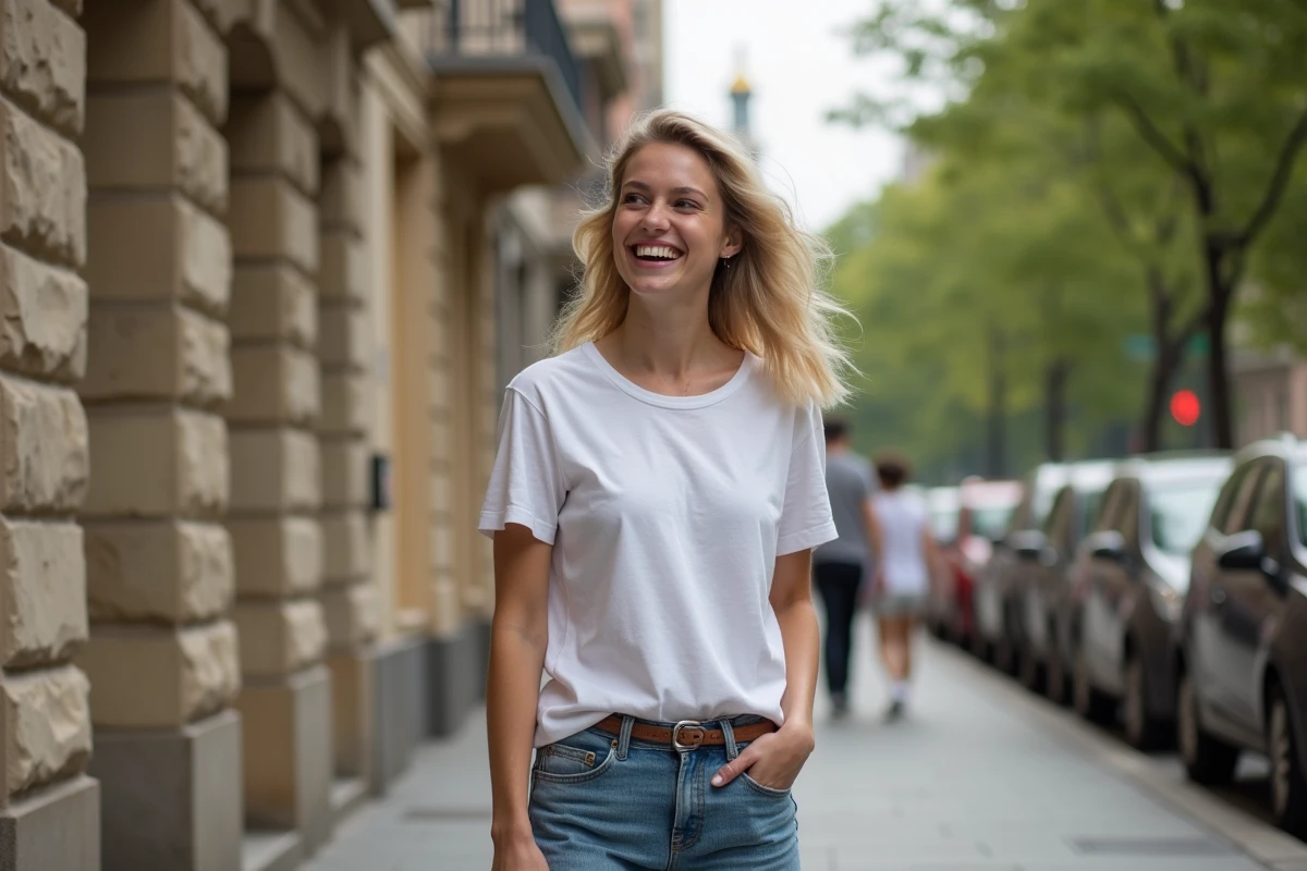 Jeune femme riant dans une rue urbaine animée