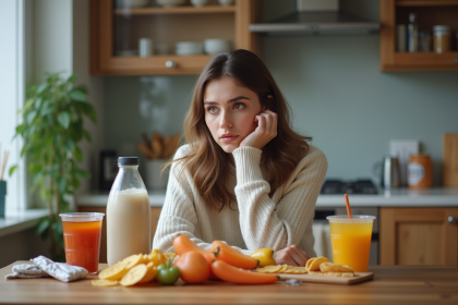 Jeune femme pensant face aux aliments transformes