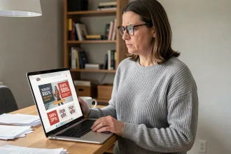Femme sceptique regardant un site de promotions Gadrov sur son ordinateur portable à domicile
