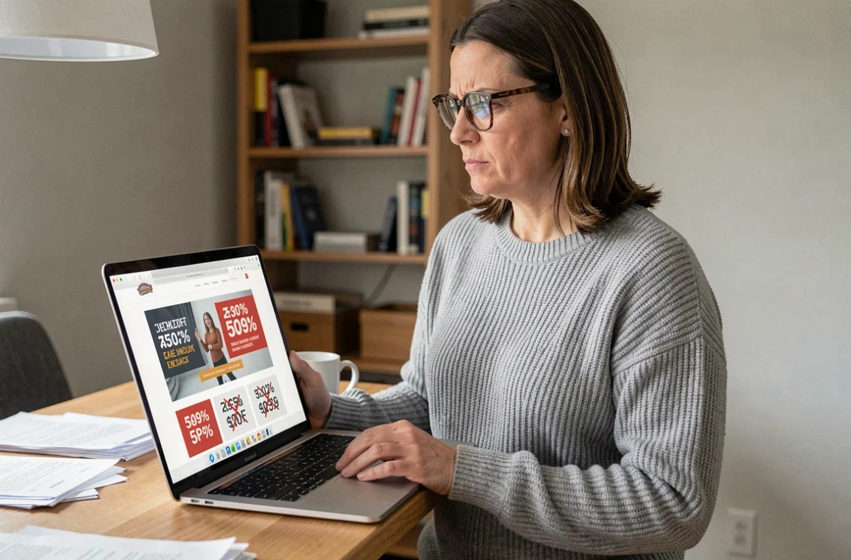 Femme sceptique regardant un site de promotions Gadrov sur son ordinateur portable à domicile