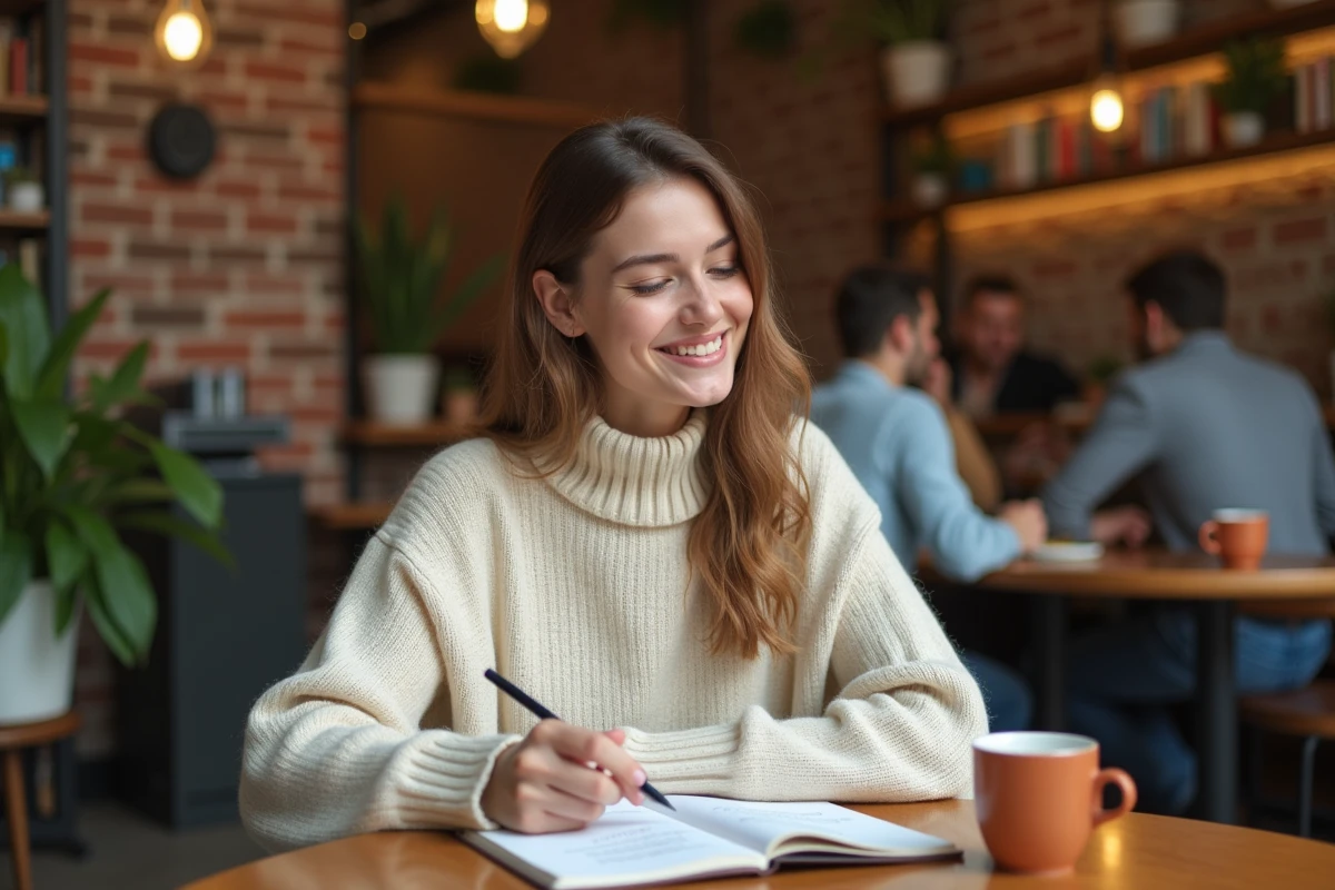 Jeune femme souriante lisant une citation dans un carnet dans un café cosy