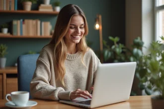 Jeune femme souriante vérifiant ses points de récompense