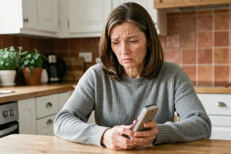 Femme tenant un téléphone fixe sans fil avec une expression interrogative face à un indicatif 34 qui s'affiche