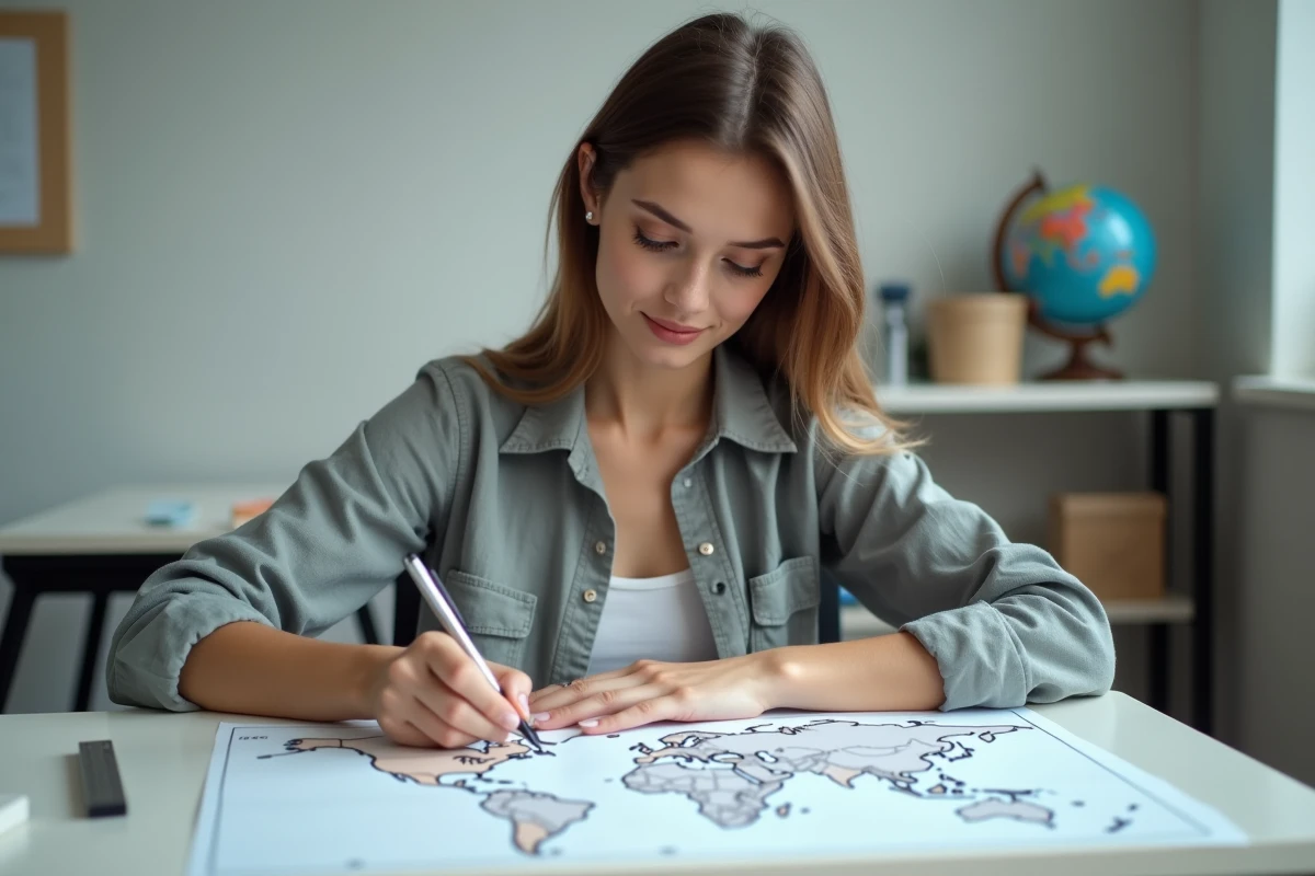 Jeune femme dessinant les frontières sur une carte du monde vierge dans une salle de classe