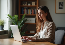 Protection des données à caractère personnel : solutions et bonnes pratiques pour renforcer la confidentialité en ligne Jeune femme concentrée sur son ordinateur dans un bureau cosy