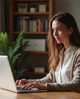Jeune femme concentrée sur son ordinateur dans un bureau cosy
