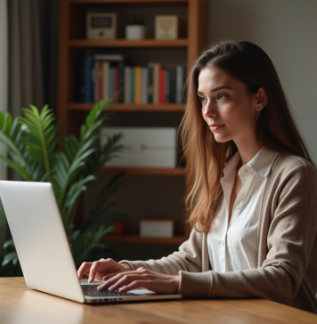 Protection des données à caractère personnel : solutions et bonnes pratiques pour renforcer la confidentialité en ligne Jeune femme concentrée sur son ordinateur dans un bureau cosy