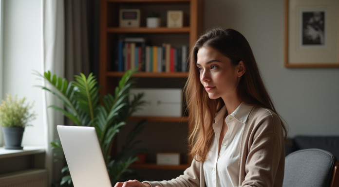 Jeune femme concentrée sur son ordinateur dans un bureau cosy