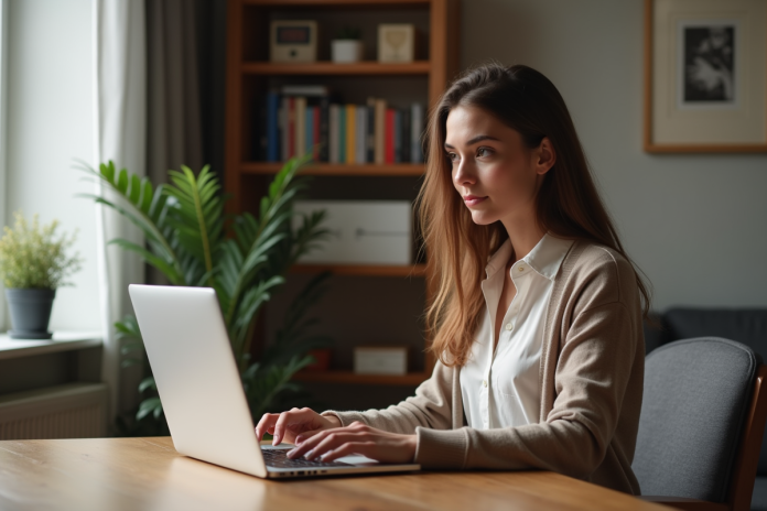 femme-travail-connexion-internet Jeune femme concentrée sur son ordinateur dans un bureau cosy