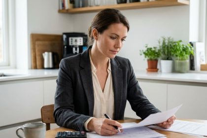 Femme organisant ses finances sur un bureau avec documents et ordinateur