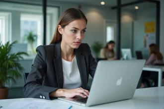 Jeune femme professionnelle analysant des contenus médiatiques sur un ordinateur portable dans un bureau moderne, illustrant la vérification d'informations en ligne en 2026