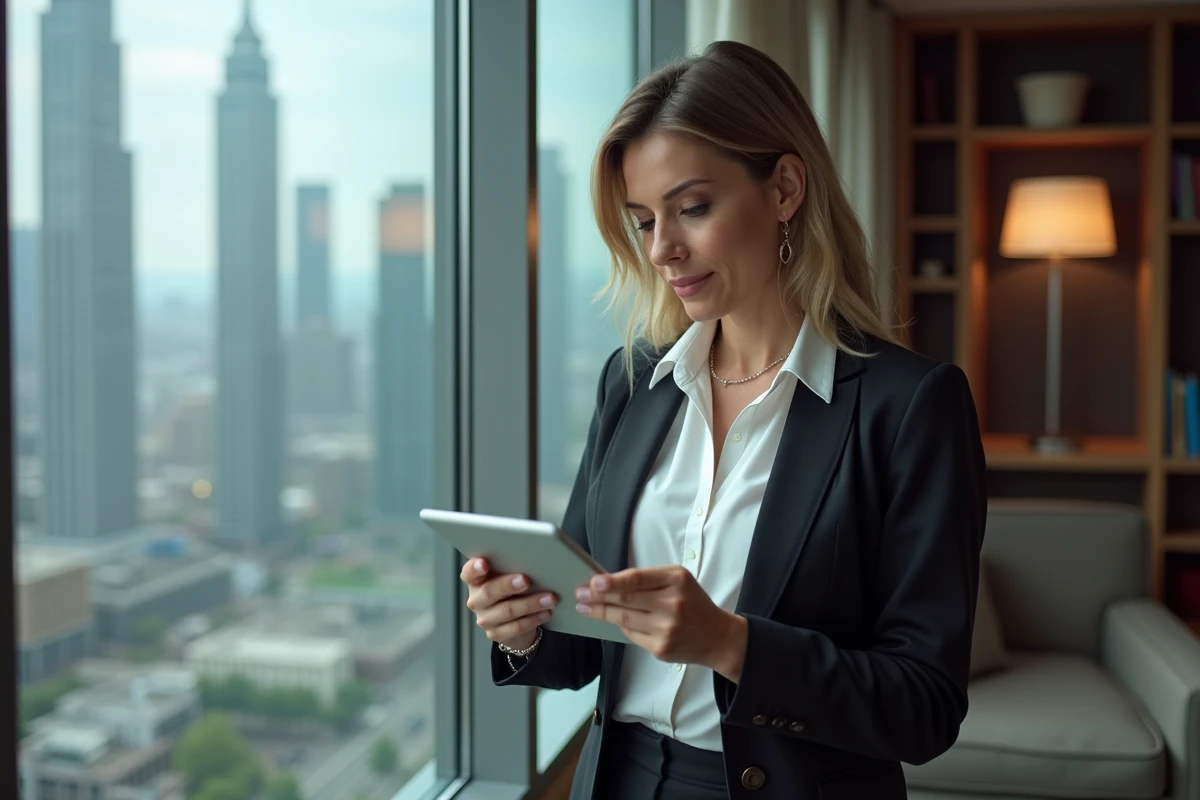 Femme d affaires en visioconference dans un appartement urbain