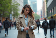 Jeune femme en trench intelligent dans une ville moderne
