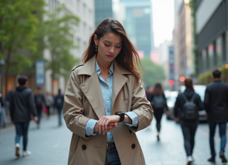 Mode en 2031 : Les Tendances et Innovations à Prévoir ! Jeune femme en trench intelligent dans une ville moderne