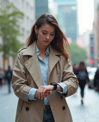 Jeune femme en trench intelligent dans une ville moderne
